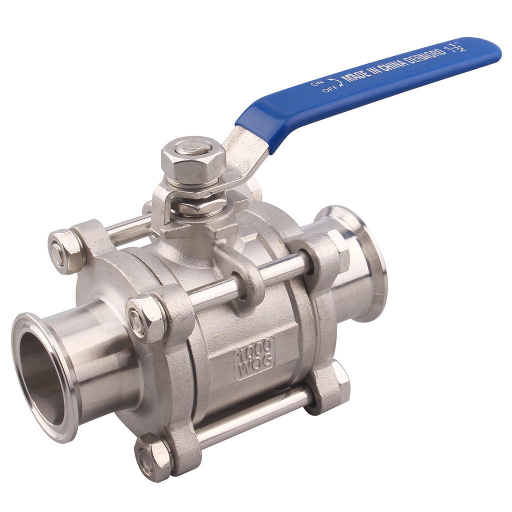 Sanitary Ball Valve | Fits 1.5" Tri-Clamp Clover | Stainless Steel 304 | PTFE Lined, Two Way & Three Piece