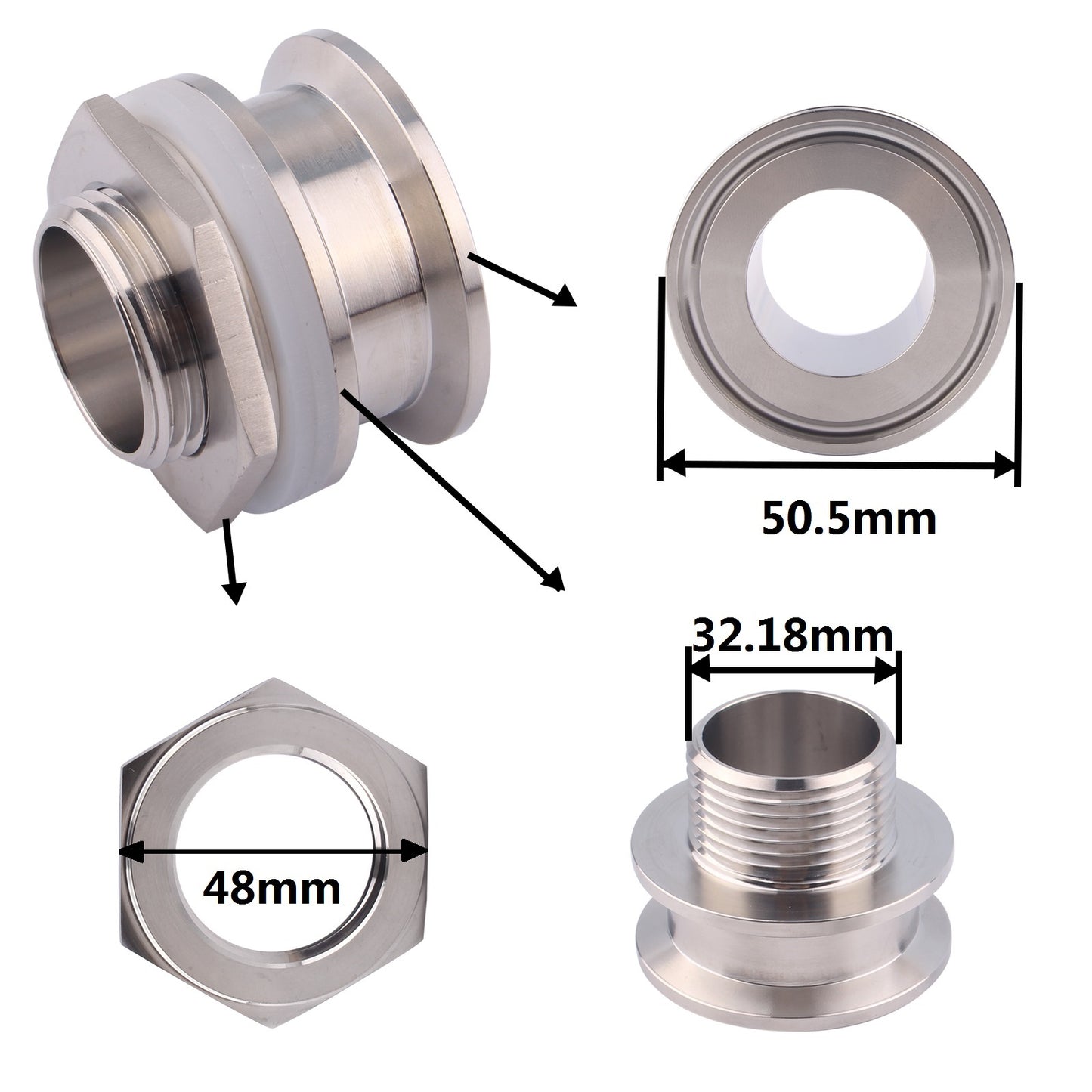 1.5" Tri Clamp Bulkhead Compression Fitting 304 Stainless Steel Weldless Homebrew Kettle Bulkhead
