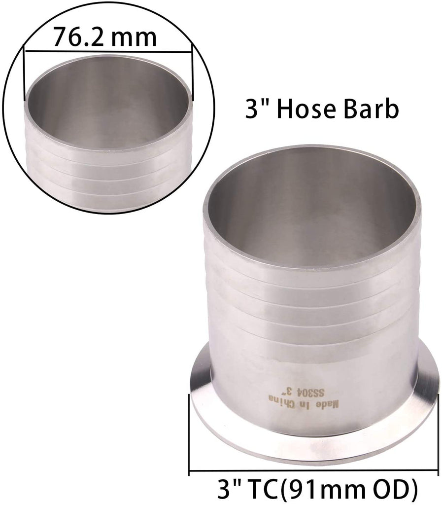 3" Tri Clamp | to 3" Hose Barbed Adapter | SUS304 Sanitary Hose Barb Pipe Fitting