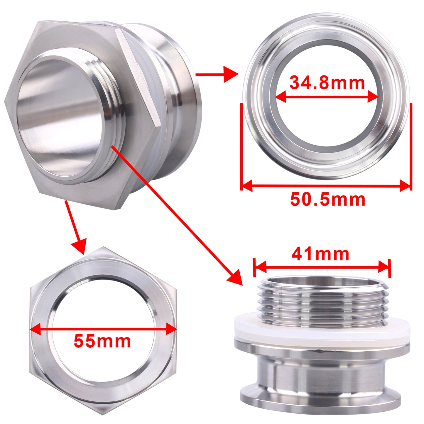 1.5" Tri Clamp Bulkhead Compression Fitting 304 Stainless Steel Weldless Homebrew Kettle Bulkhead
